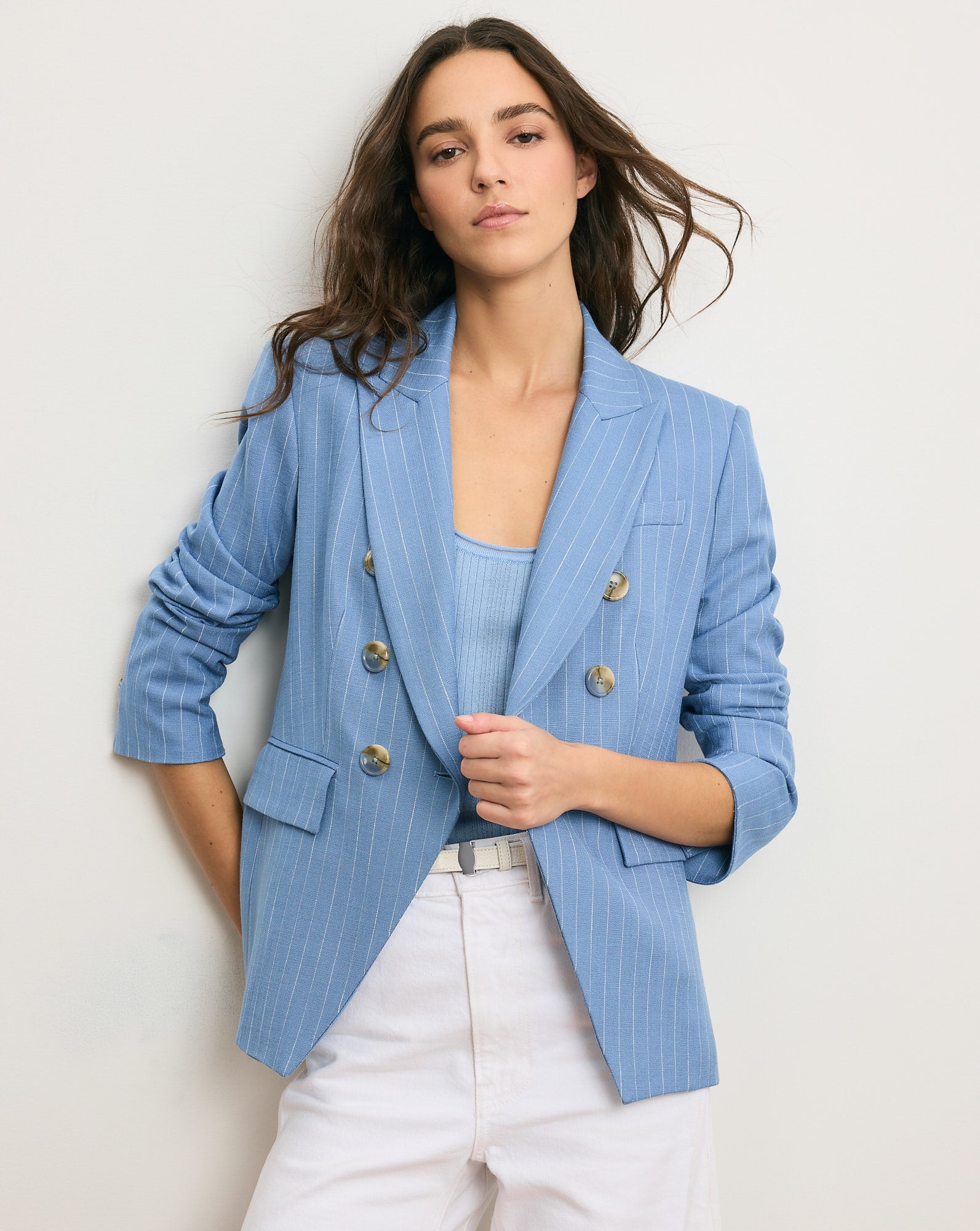 Miller Pinstripe Dickey Jacket — Blue Jay/Dove White