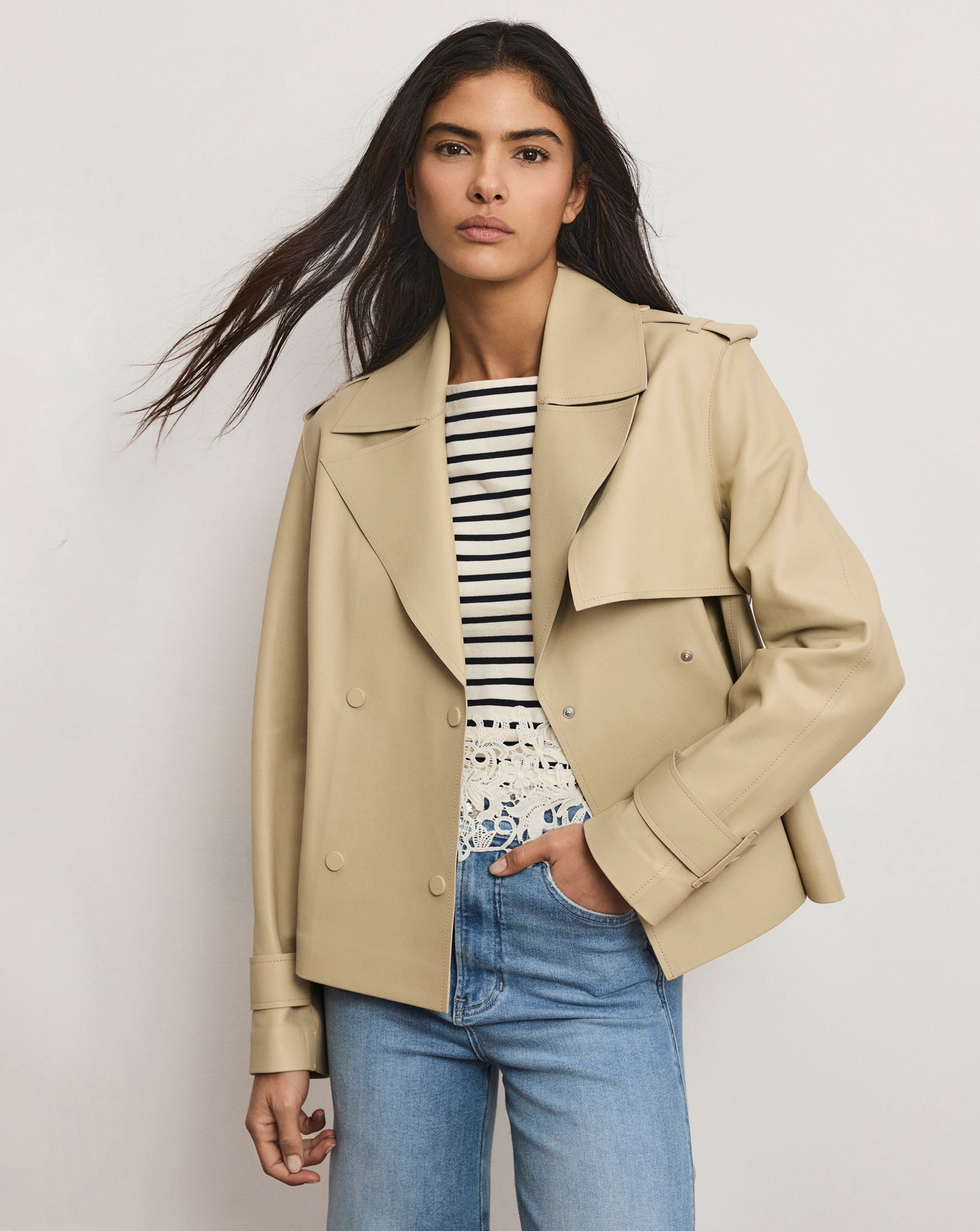 Heathcliff Cropped Leather Trench Coat — Stone Khaki