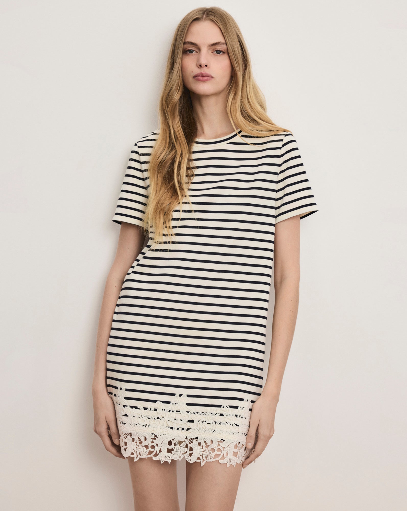 Rhue Striped Lace-Hem Mini Dress — Dove White/Navy Stripe